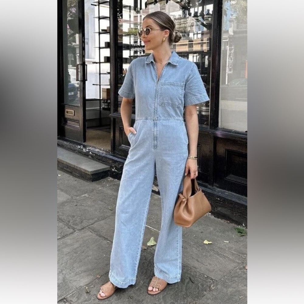 Zara Denim Jumpsuit wide straight leg jeans Zipper Light wash utility 1889/159